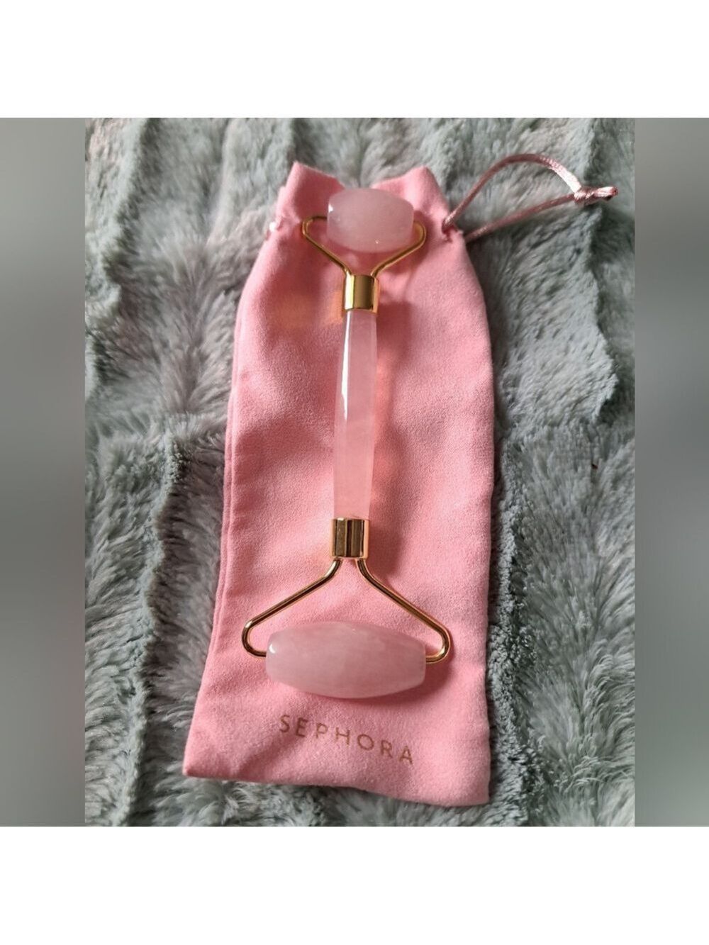 SEPHORA rose quartz facial roller double ended massage with pouch self care